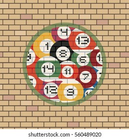 billiards balls symbol in brick wall