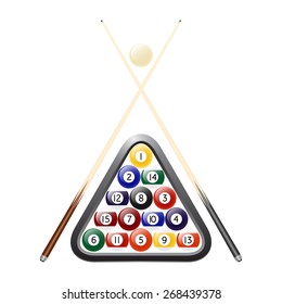 Billiards balls, triangle and two cues. Isolated on white. Vector EPS10 illustration. 