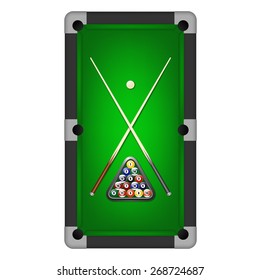 Billiards balls, triangle and two cues on a pool table. Vector EPS10 illustration. 