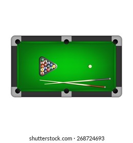 Billiards balls, triangle and two cues on a pool table. Vector EPS10 illustration. 