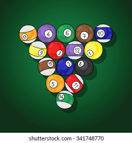 Billiards. Balls. Vector illustration drawn by hand on a green background.