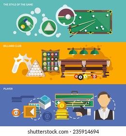 Billiards banner set with style of game club and player isolated vector illustration