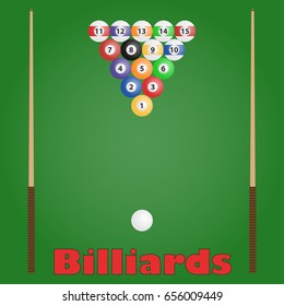 Billiards, billiard balls, cue. Flat design, vector illustration, vector.