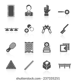Billiards black icons set with trophy player glove ball isolated vector illustration