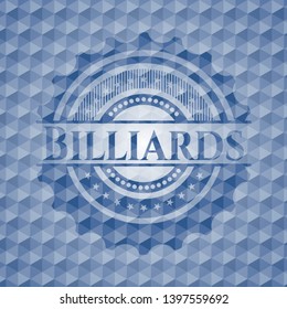 Billiards blue emblem with geometric pattern background. Vector Illustration. Detailed.