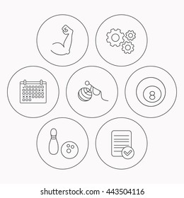 Billiards, bowling and fitness sport icons. Muscle, gymnastics for pregnant linear signs. Check file, calendar and cogwheel icons. Vector