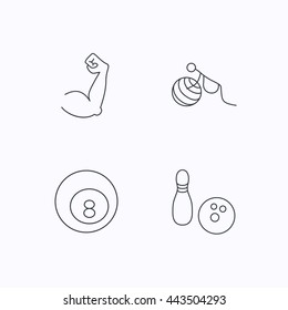 Billiards, bowling and fitness sport icons. Muscle, gymnastics for pregnant linear signs. Flat linear icons on white background. Vector