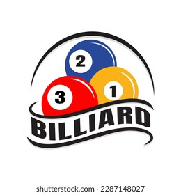 Billiards Championship Sport badge design logo and simple text, black ball, red ball, yellow ball, icon, symbol