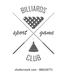 Billiards club badge template. Billiard logotype with cues, pyramid, lamp. Billiard club label on white. For Billiard club advertising, window signage. Game club emblem, icon. Vector illustration.