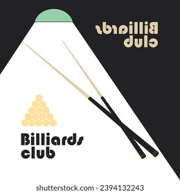 Billiards club. Cue cues, balls, triangle, lamp.