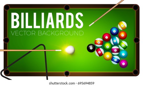 Billiards design template. Balls and cue on green table. Game elements. Vector illustration