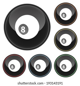 Billiards Eight Ball Pool Icon.  Black Glossy Icon Set