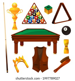 Billardausrüstung oder Spielwerkzeuge. Vektorflache Symbole von Kugeln, Cue-stick, Billardtisch, Kreide, Billardbrücke, Rack oder Dreieck, Weste, Bürste und Goldtasse. Spielzubehör, realistisches Set.