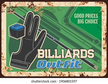 Billiards equipment metal plate rusty, game outfit and pool snooker game items shop, vector retro poster. Russian billiards and snooker pool players sport outfit and gaming equipment store sign rust