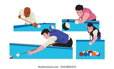 In billiards, the equipment needed includes cues, balls, and a billiard table. This sport is usually played indoors and can be played by men and women.