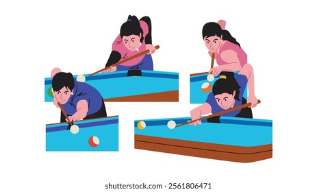 In billiards, the equipment needed includes cues, balls, and a billiard table. This sport is usually played indoors and can be played by men and women.