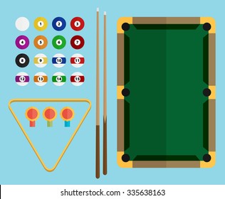 Billiards flat illustration. Billiards pool game accessories.