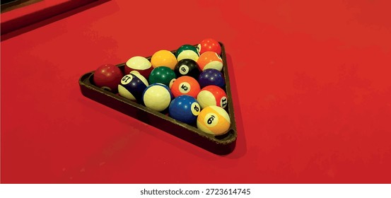 Billiards game. Billiard table with balls. Billiard balls in a triangular frame.