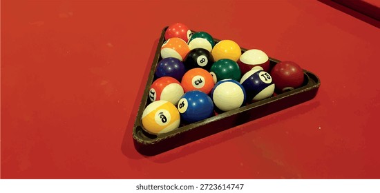 Billiards game. Billiard table with balls. Billiard balls in a triangular frame.