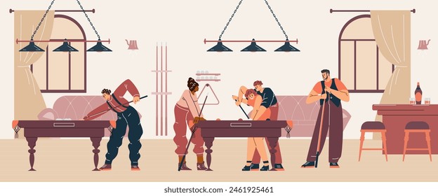 Billiards game competition in club vector flat illustration. Cartoon players characters in pool room with cue aiming at billiard ball. Recreation and hobby entertainment, sport game leisure