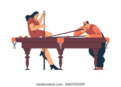 Billiards game competition vector flat illustration. Cartoon couple players characters near the pool table with cue aiming at billiard ball. Recreation and hobby entertainment, sport game leisure