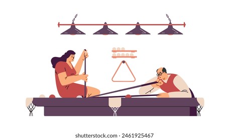 Billiards game competition vector flat illustration. Cartoon man and woman players near the pool table with cue aiming at billiard ball. Recreation and hobby entertainment, sport game leisure