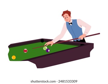 Billiards game competition vector flat illustration. Cartoon man players characters near the pool table with cue aiming at billiard ball. Recreation and hobby entertainment, sport game leisure