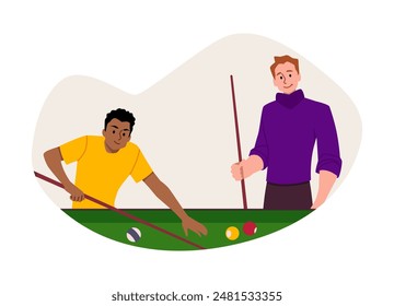 Billiards game competition vector flat illustration. Cartoon men players characters near the pool table with cue aiming at billiard ball. Recreation hobby entertainment, sport game leisure in frame