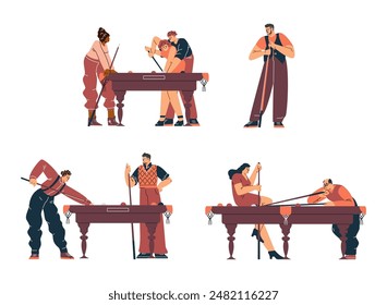 Billiards game competition vector flat illustrations set. Cartoon players characters in pool room with cue aiming at billiard ball. Recreation and hobby entertainment, sport game, fun leisure activity