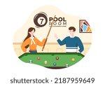 Billiards Game Hand Drawn Cartoon Flat Illustration with Player Pool Room with Stick, Cue Aiming at Billiard Balls in Sports Club