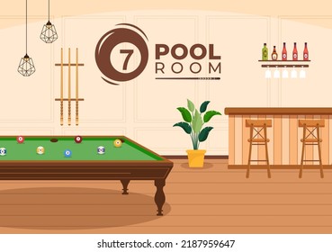 Billiards Game Hand Drawn Cartoon Flat Background Illustration with Pool Room with Stick and Billiard Balls in Sports Club