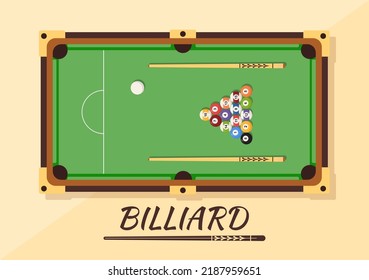 Billiards Game Hand Drawn Cartoon Flat Background Illustration with Pool Room with Stick and Billiard Balls in Sports Club