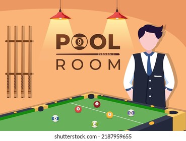Billiards Game Hand Drawn Cartoon Flat Illustration with Player Pool Room with Stick, Cue Aiming at Billiard Balls in Sports Club
