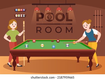 Billiards Game Hand Drawn Cartoon Flat Illustration With Player Pool Room With Stick, Cue Aiming At Billiard Balls In Sports Club