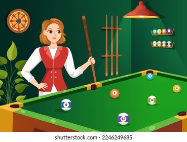Billiards Game Illustration with Player Pool Room with Stick, Table and Billiard Balls in Sports Club in Flat Cartoon Hand Drawn Templates