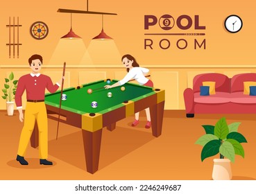 Billiards Game Illustration with Player Pool Room with Stick, Table and Billiard Balls in Sports Club in Flat Cartoon Hand Drawn Templates