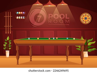 Billiards Game Illustration with Player Pool Room with Stick, Table and Billiard Balls in Sports Club in Flat Cartoon Hand Drawn Templates