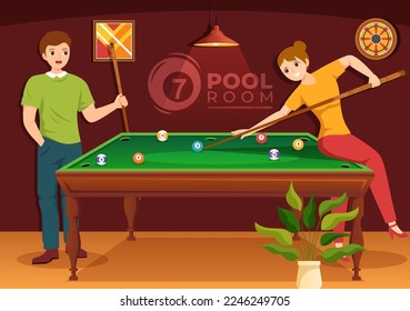 Billiards Game Illustration with Player Pool Room with Stick, Table and Billiard Balls in Sports Club in Flat Cartoon Hand Drawn Templates