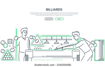 Billiards game linear landing page vector template. Friends playing snooker in nightclub lineart illustration. Professional billiards equipment, balls, cues, triangles. Pool competition homepage