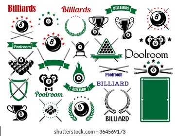 Billiards game and poolroom design elements for sporting emblems templates  with crossed cues, table, trophies and balls with stars and flame, heraldic shield, laurel wreaths and ribbon banners 