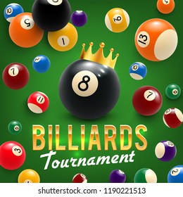 Billiards game tournament, vector. Billiard balls in gold crown on green table, sport hobby. Snooker game tourney announcement for billiards team championship or competition, league and club