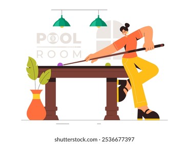 Billiards Game Vector Illustration featuring a Player in a Pool Room Holding a Cue Stick, with a Billiard Table and Balls in a Sports Club 