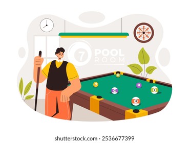 Billiards Game Vector Illustration featuring a Player in a Pool Room Holding a Cue Stick, with a Billiard Table and Balls in a Sports Club 