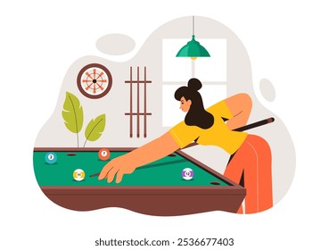 Billiards Game Vector Illustration featuring a Player in a Pool Room Holding a Cue Stick, with a Billiard Table and Balls in a Sports Club 