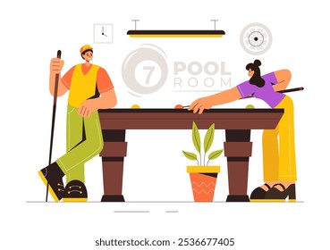 Billiards Game Vector Illustration featuring a Player in a Pool Room Holding a Cue Stick, with a Billiard Table and Balls in a Sports Club 