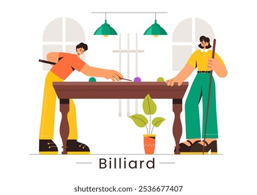 Billiards Game Vector Illustration featuring a Player in a Pool Room Holding a Cue Stick, with a Billiard Table and Balls in a Sports Club 