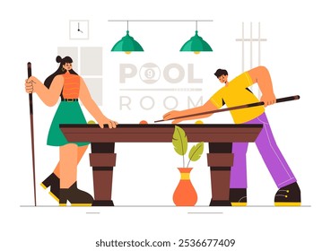 Billiards Game Vector Illustration featuring a Player in a Pool Room Holding a Cue Stick, with a Billiard Table and Balls in a Sports Club 