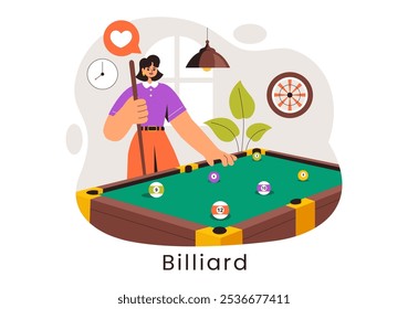 Billiards Game Vector Illustration featuring a Player in a Pool Room Holding a Cue Stick, with a Billiard Table and Balls in a Sports Club 