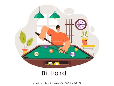 Billiards Game Vector Illustration featuring a Player in a Pool Room Holding a Cue Stick, with a Billiard Table and Balls in a Sports Club 