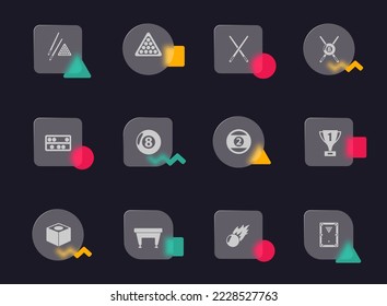 billiards glass morphism trendy style icons. billiards transparent glass vector icons with color memphis figures. for web and ui design, mobile apps and promo business advertising